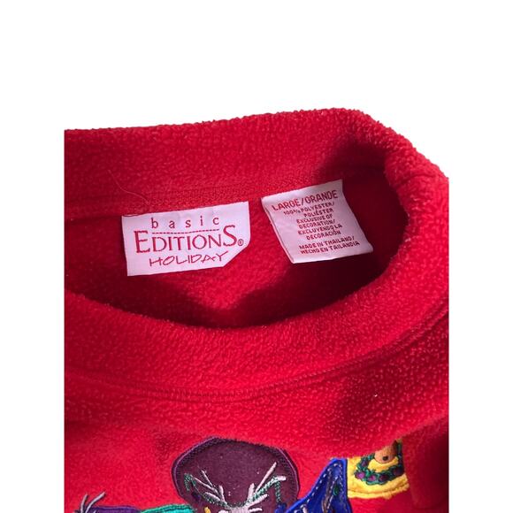 Basic Editions Holiday Christmas Fleece Sweater Women’s Large — Reindeer Patches - Picture 3 of 5